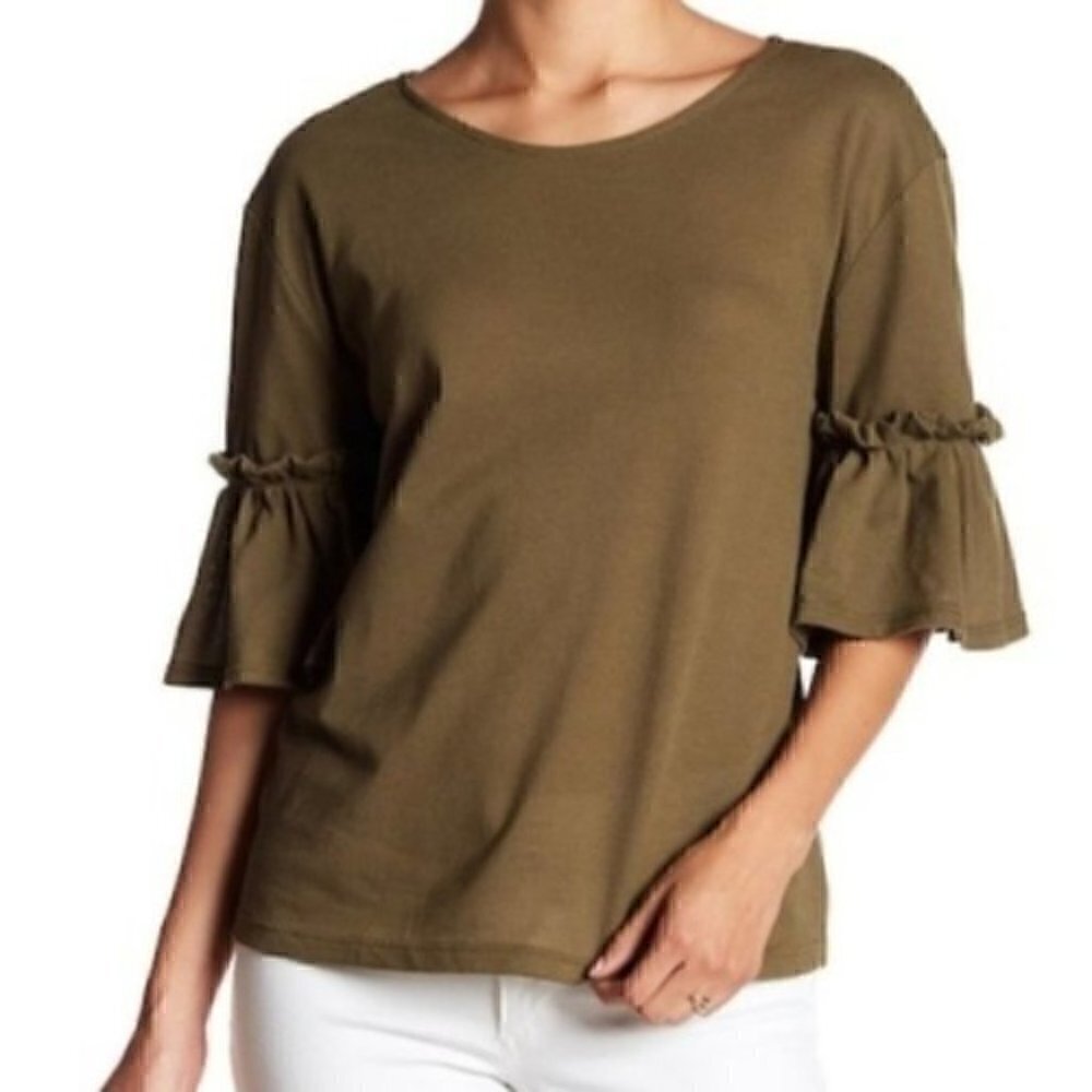 Nordstrom Blouse S NWT Ruffle Sleeve Textured Tie Back Olive Green